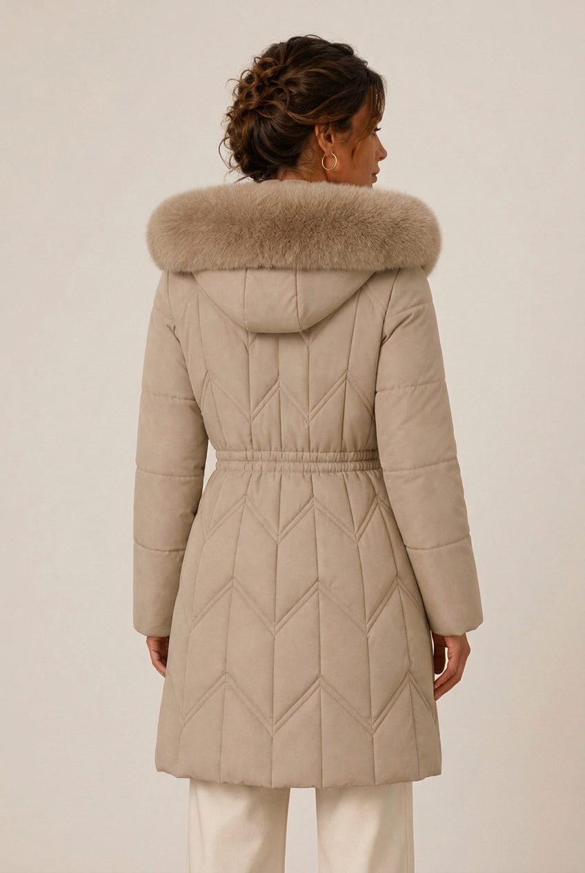 Quilted knee-length puffer jacket for women with faux fur hood and cinched waist - view 3