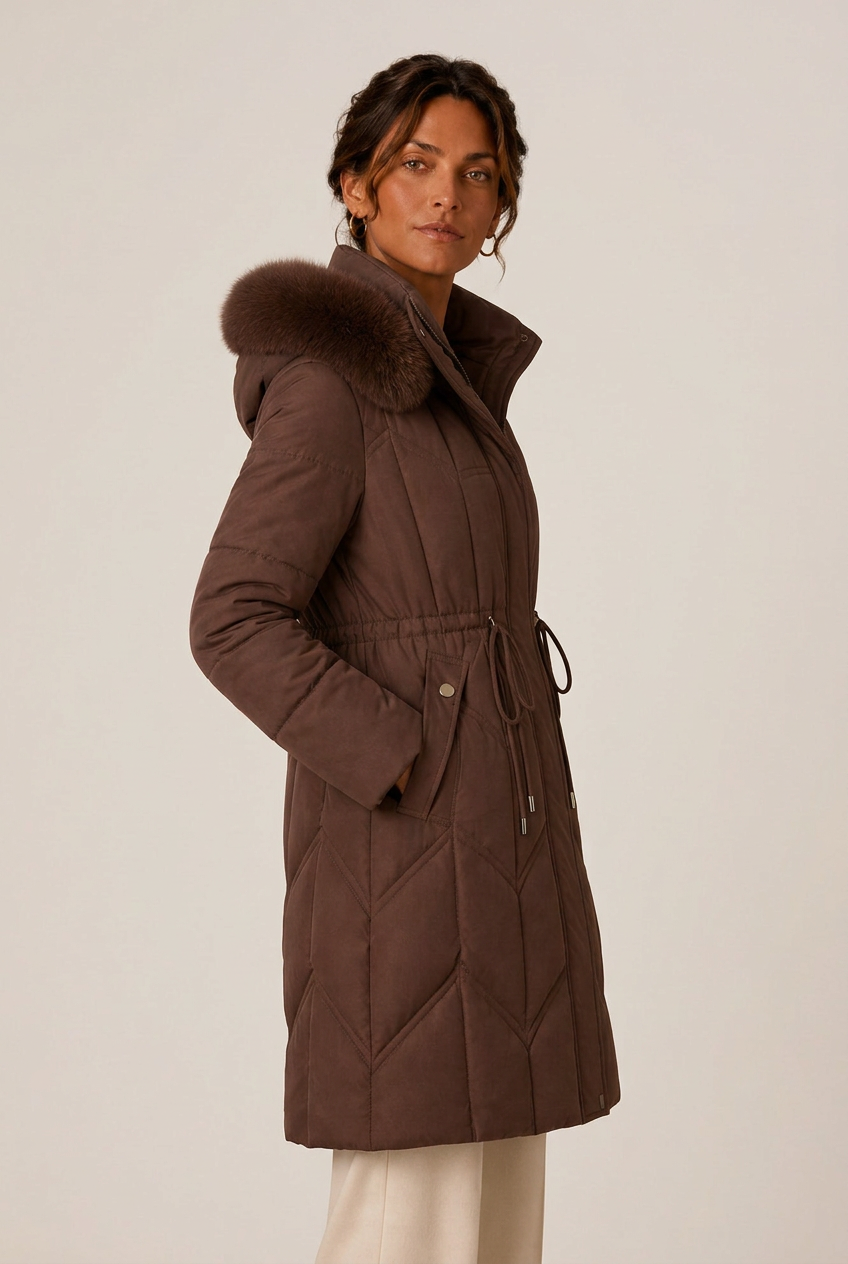 Quilted knee-length puffer jacket for women with faux fur hood and cinched waist - view 5