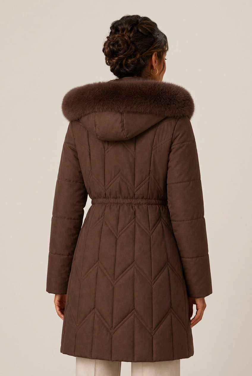 Quilted knee-length puffer jacket for women with faux fur hood and cinched waist - view 6