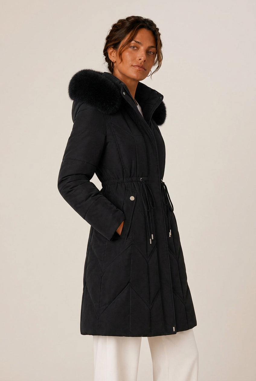 Quilted knee-length puffer jacket for women with faux fur hood and cinched waist - view 8