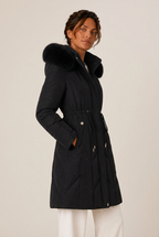 Quilted knee-length puffer jacket for women with faux fur hood and cinched waist - view 8