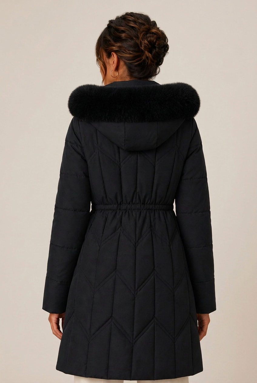 Quilted knee-length puffer jacket for women with faux fur hood and cinched waist - view 9