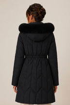 Quilted knee-length puffer jacket for women with faux fur hood and cinched waist - view 9
