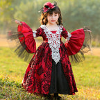 Girls red and black damask ball gown Halloween costume with white lace bodice and tulle bell sleeves - view 3