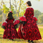 Girls red and black damask ball gown Halloween costume with white lace bodice and tulle bell sleeves - view 4