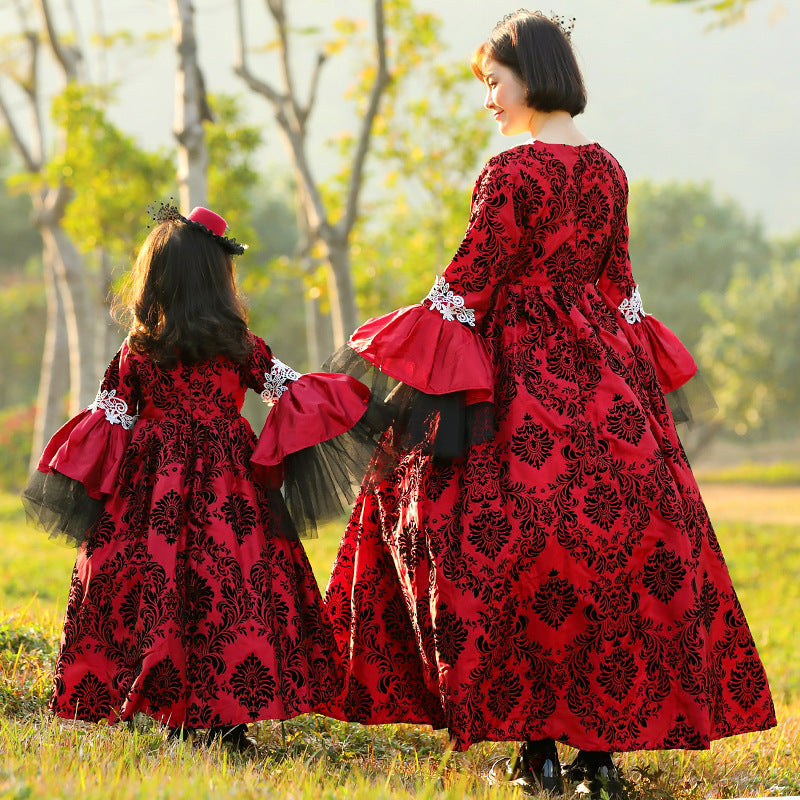 Girls red and black damask ball gown Halloween costume with white lace bodice and tulle bell sleeves - view 4