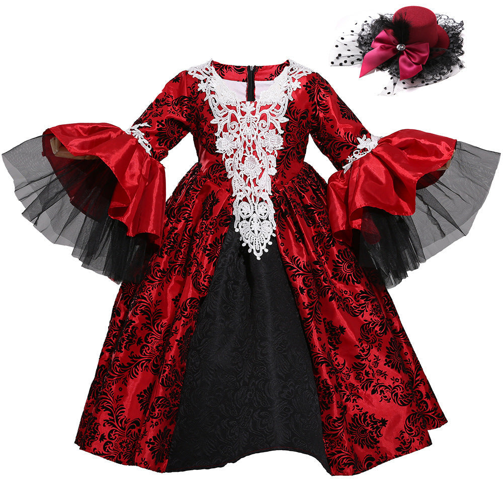 Girls red and black damask ball gown Halloween costume with white lace bodice and tulle bell sleeves - view 5