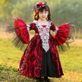 Girls red and black damask ball gown Halloween costume with white lace bodice and tulle bell sleeves - view 7