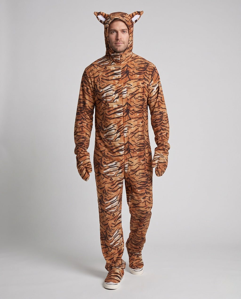 Adult tiger print Halloween costume jumpsuit with eared hood, mitts, foot covers and tail