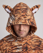 Adult tiger print Halloween costume jumpsuit with eared hood, mitts, foot covers and tail - view 2