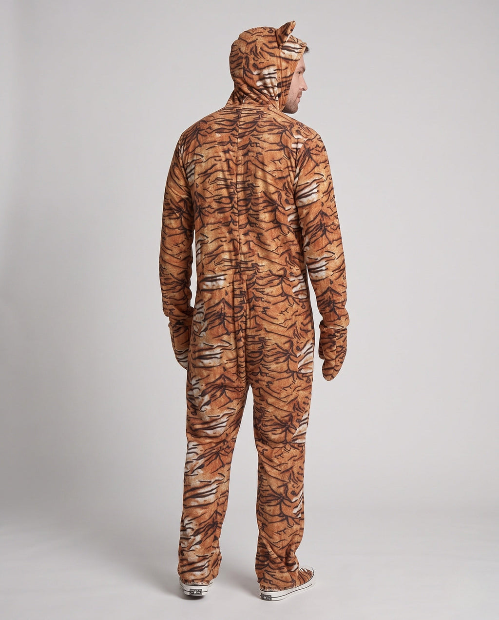 Adult tiger print Halloween costume jumpsuit with eared hood, mitts, foot covers and tail - view 3