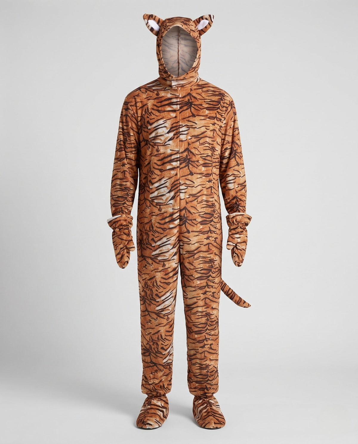 Adult tiger print Halloween costume jumpsuit with eared hood, mitts, foot covers and tail - view 4