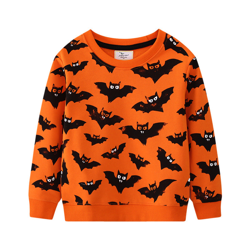 Kids orange crew neck sweatshirt with all-over black bat print