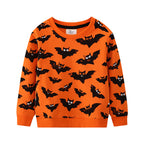 Kids orange crew neck sweatshirt with all-over black bat print