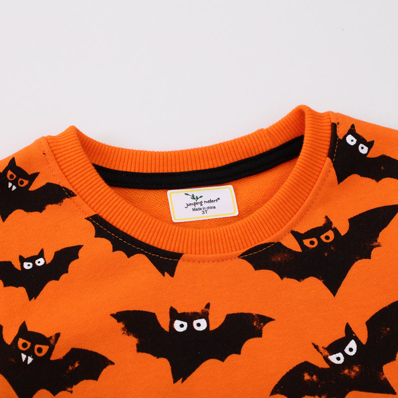 Kids orange crew neck sweatshirt with all-over black bat print - view 2