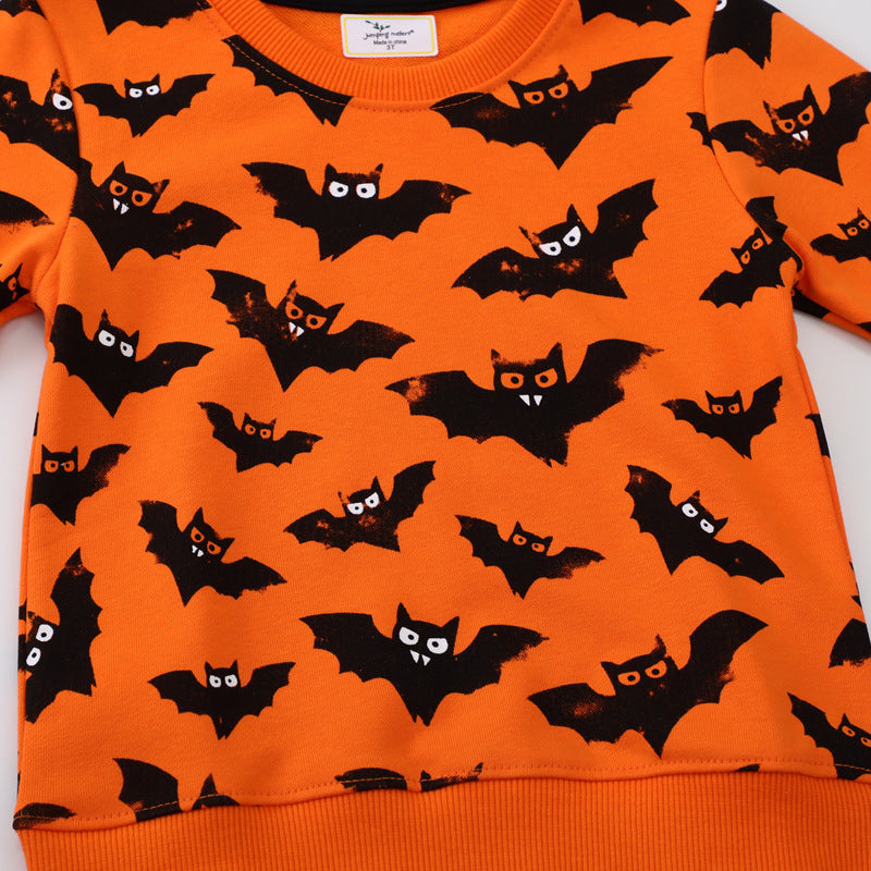 Kids orange crew neck sweatshirt with all-over black bat print - view 3