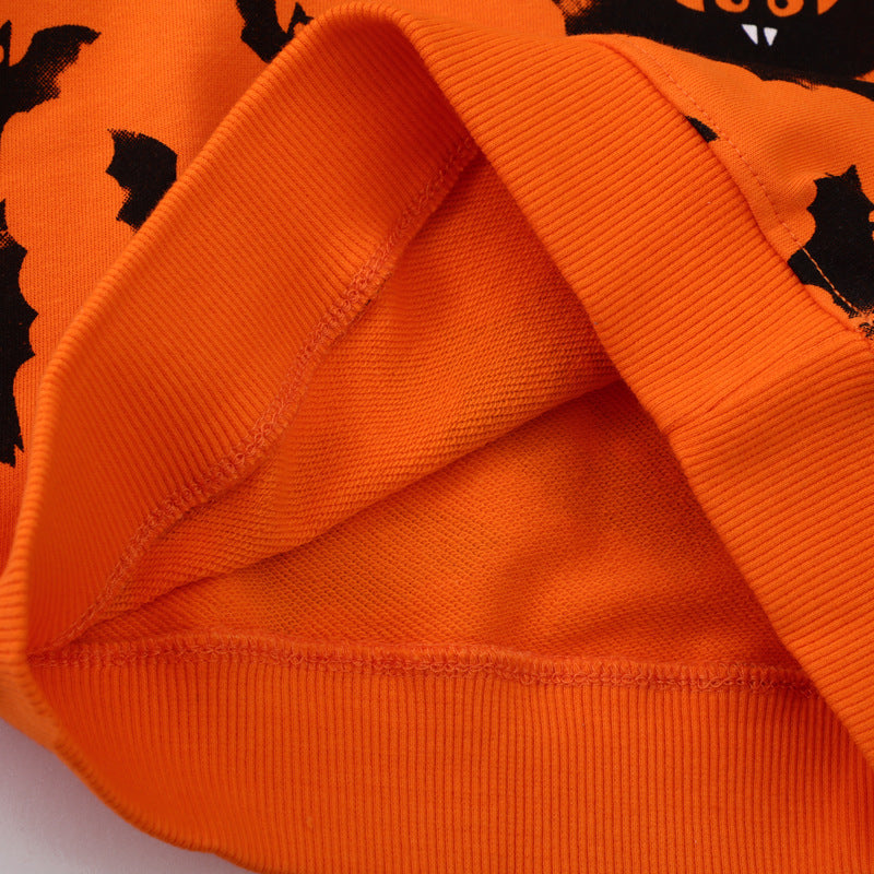 Kids orange crew neck sweatshirt with all-over black bat print - view 4