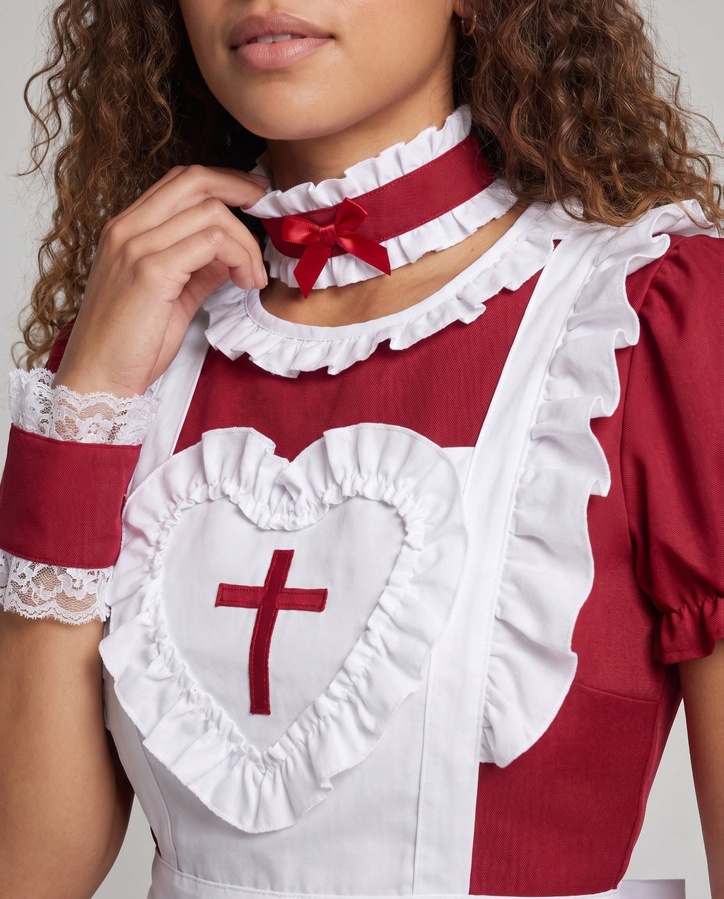 Burgundy maid costume dress with white ruffled heart apron and puff sleeves - view 2