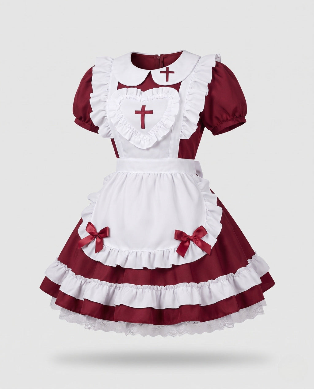 Burgundy maid costume dress with white ruffled heart apron and puff sleeves - view 4