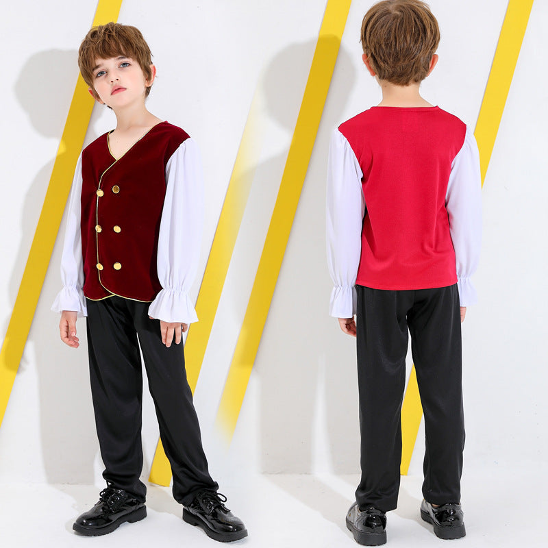 Boys storybook Halloween costume with burgundy velvet-look vest top, white ruffle-cuff sleeves and black pants