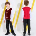 Boys storybook Halloween costume with burgundy velvet-look vest top, white ruffle-cuff sleeves and black pants