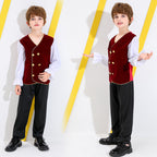 Boys storybook Halloween costume with burgundy velvet-look vest top, white ruffle-cuff sleeves and black pants - view 2