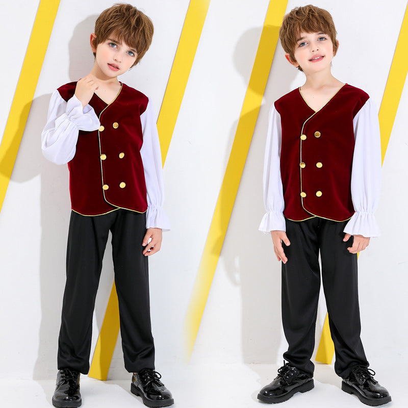 Boys storybook Halloween costume with burgundy velvet-look vest top, white ruffle-cuff sleeves and black pants - view 3
