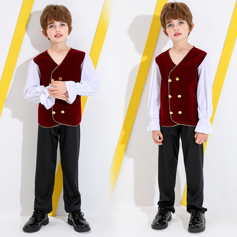 Boys storybook Halloween costume with burgundy velvet-look vest top, white ruffle-cuff sleeves and black pants - view 4
