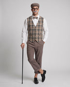 Men's vintage gentleman Halloween costume with brown plaid vest, bow tie and newsboy cap