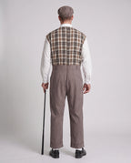 Men's vintage gentleman Halloween costume with brown plaid vest, bow tie and newsboy cap - view 3