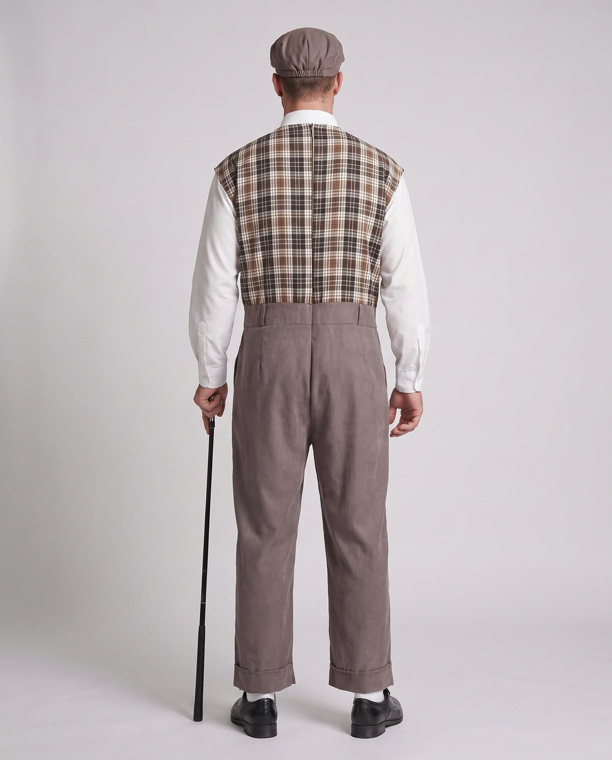 Men's vintage gentleman Halloween costume with brown plaid vest, bow tie and newsboy cap - view 3