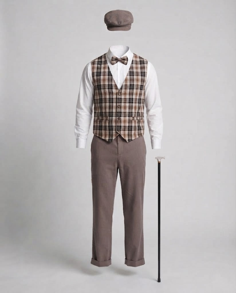 Men's vintage gentleman Halloween costume with brown plaid vest, bow tie and newsboy cap - view 4