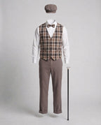 Men's vintage gentleman Halloween costume with brown plaid vest, bow tie and newsboy cap - view 4