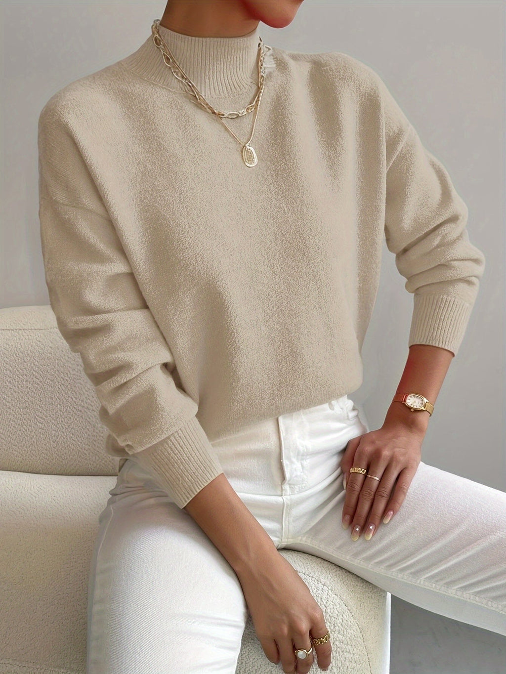 Women's drop shoulder turtleneck sweater in a soft knit with ribbed collar and cuffs - view 5