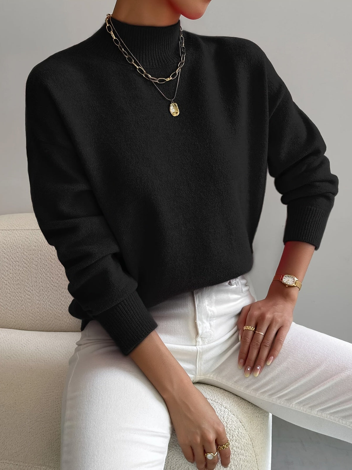 Women's drop shoulder turtleneck sweater in a soft knit with ribbed collar and cuffs - view 6