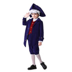 Boy wearing a navy colonial tailcoat costume with burgundy vest and tricorn-style hat - view 2