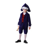 Boy wearing a navy colonial tailcoat costume with burgundy vest and tricorn-style hat - view 3