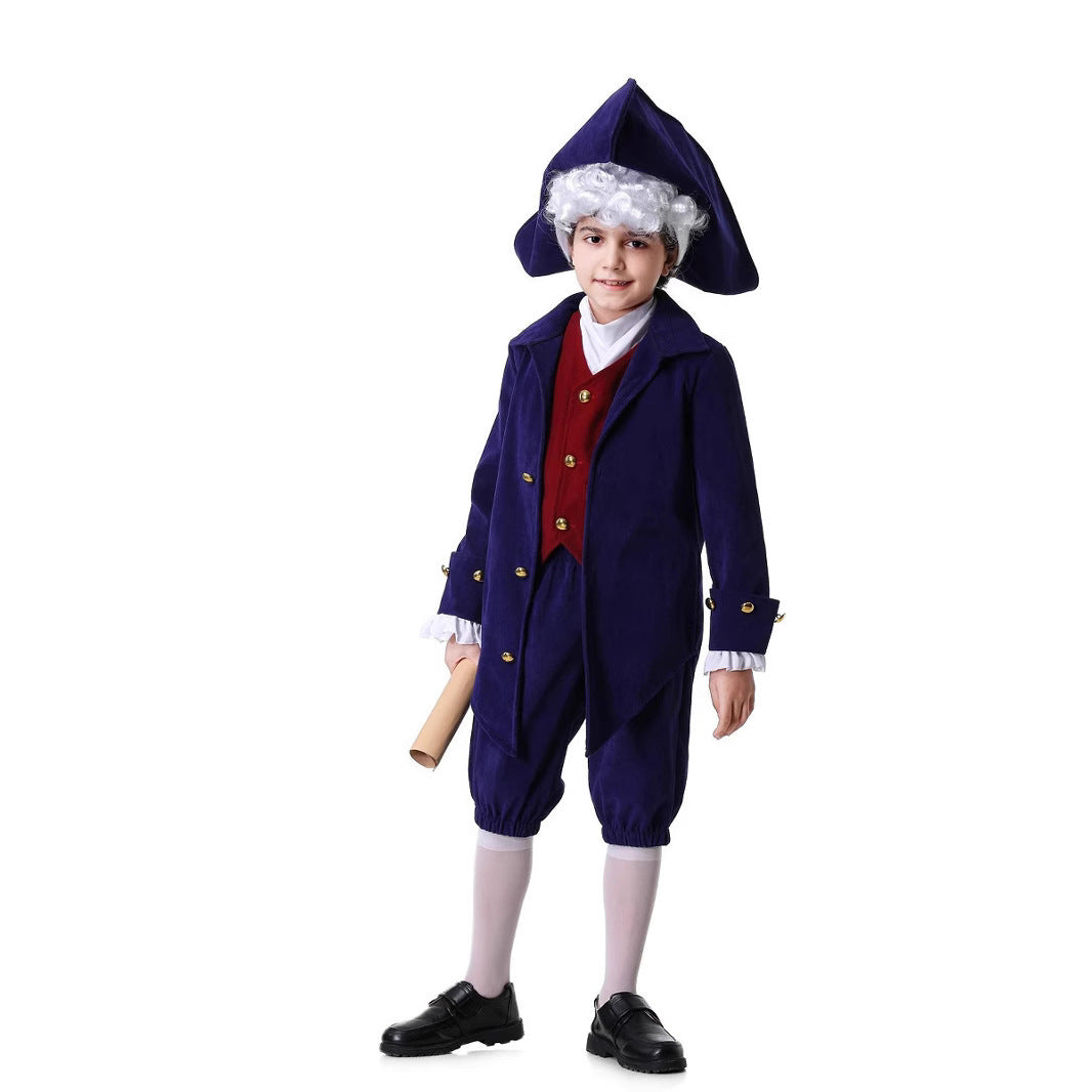 Boy wearing a navy colonial tailcoat costume with burgundy vest and tricorn-style hat - view 3