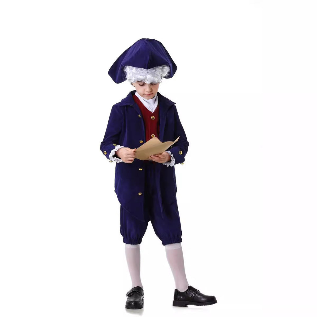 Boy wearing a navy colonial tailcoat costume with burgundy vest and tricorn-style hat - view 4