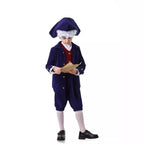 Boy wearing a navy colonial tailcoat costume with burgundy vest and tricorn-style hat - view 4
