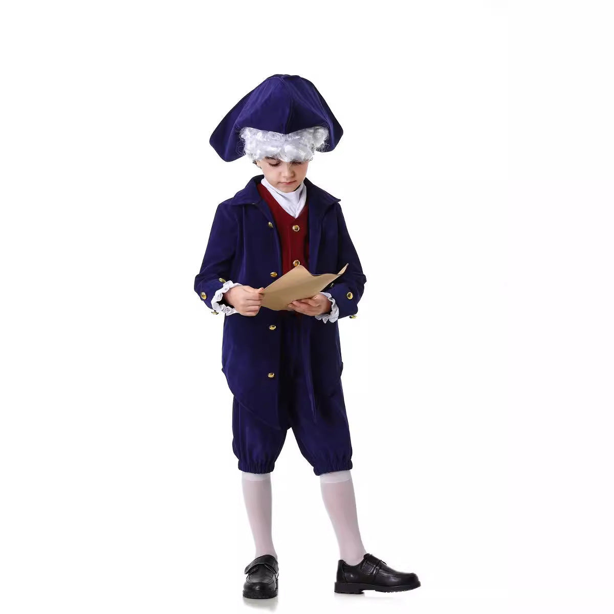 Boy wearing a navy colonial tailcoat costume with burgundy vest and tricorn-style hat - view 4