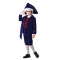 Boy wearing a navy colonial tailcoat costume with burgundy vest and tricorn-style hat - view 6