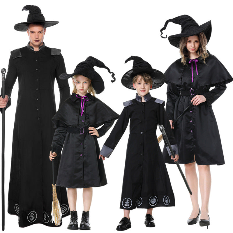 Boys black wizard Halloween costume robe with gray trim, symbol prints and pointed hat