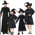 Boys black wizard Halloween costume robe with gray trim, symbol prints and pointed hat