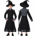 Boys black wizard Halloween costume robe with gray trim, symbol prints and pointed hat - view 2