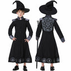 Boys black wizard Halloween costume robe with gray trim, symbol prints and pointed hat - view 2