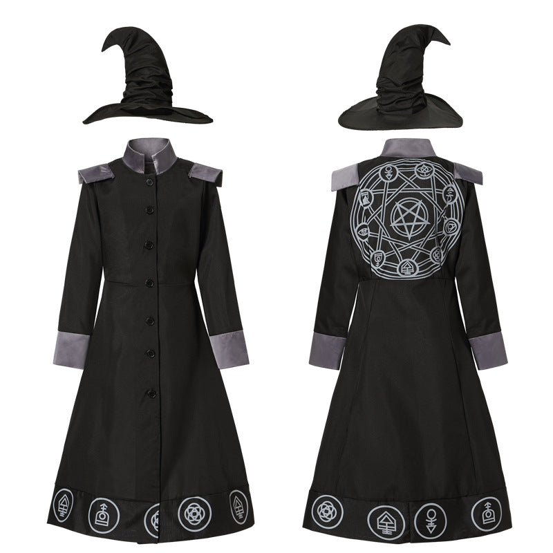 Boys black wizard Halloween costume robe with gray trim, symbol prints and pointed hat - view 4