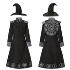 Boys black wizard Halloween costume robe with gray trim, symbol prints and pointed hat - view 4