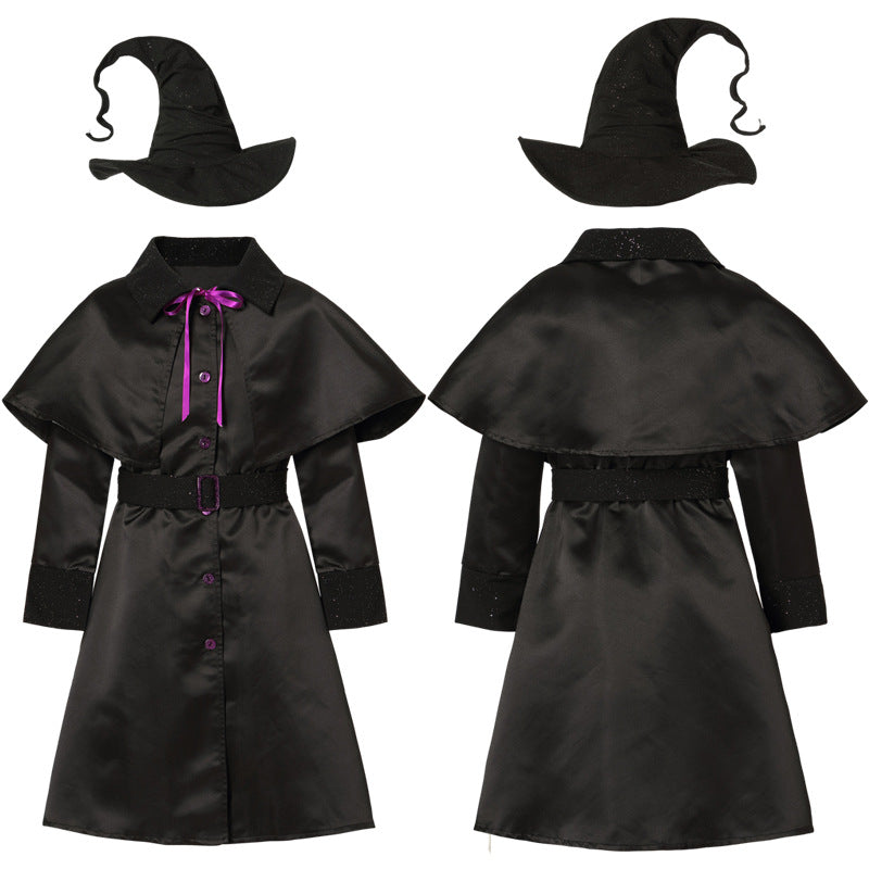Boys black wizard Halloween costume robe with gray trim, symbol prints and pointed hat - view 5