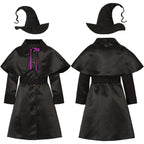 Boys black wizard Halloween costume robe with gray trim, symbol prints and pointed hat - view 5
